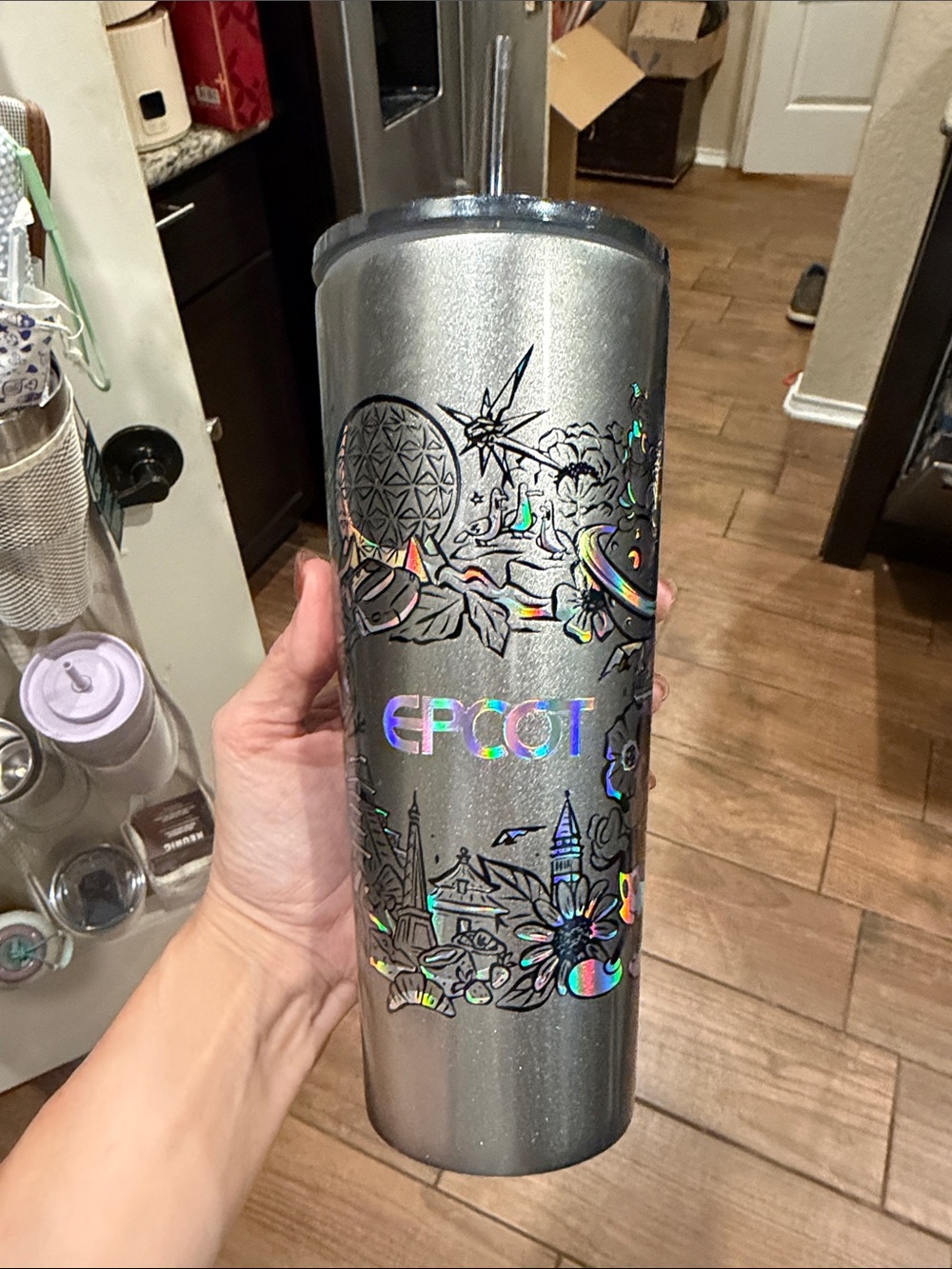 EPCOT Silver Holographic Travel Tumbler with Straw